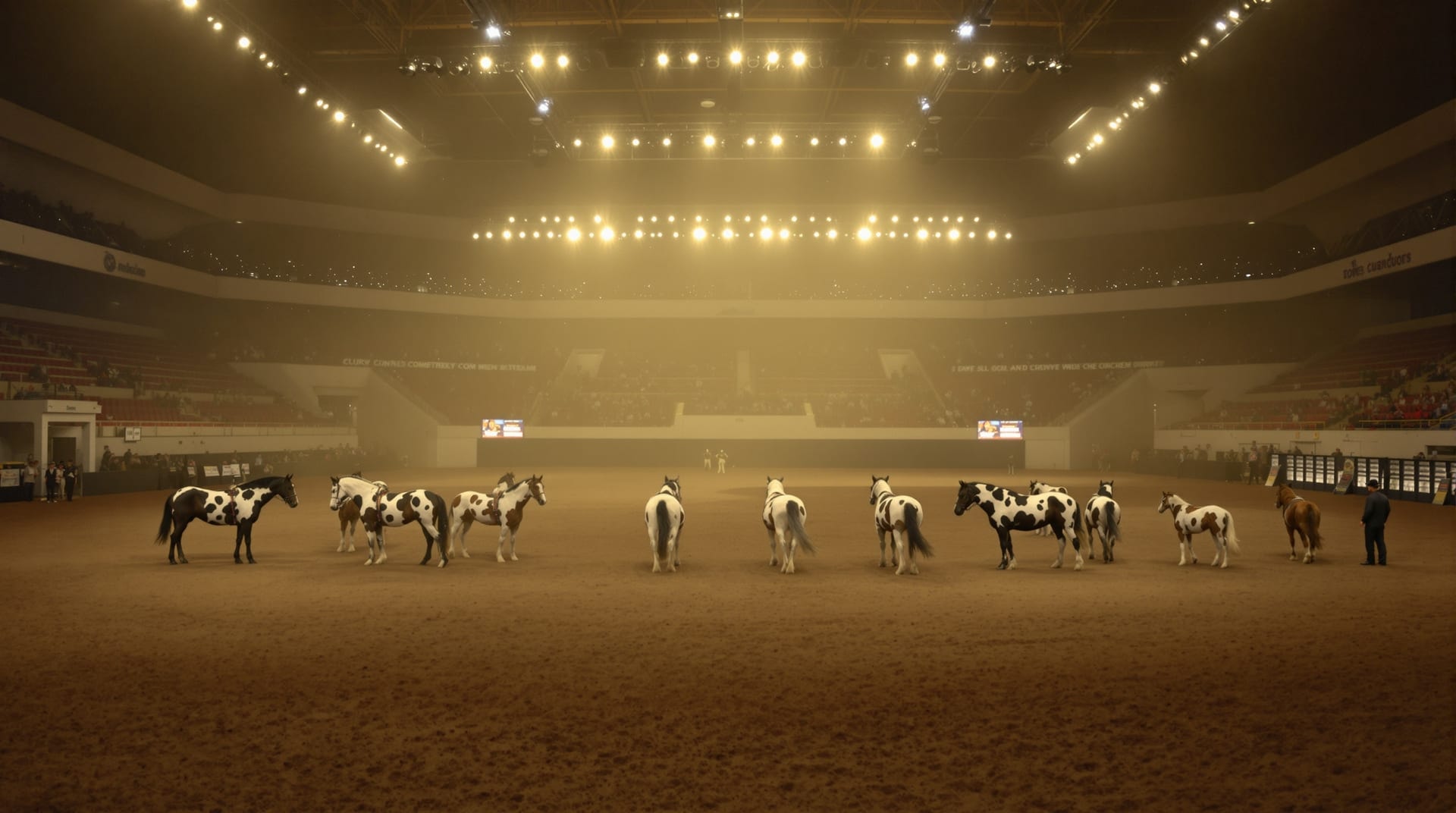 Appaloosa horses lined up during a championship class in an indoor coliseum