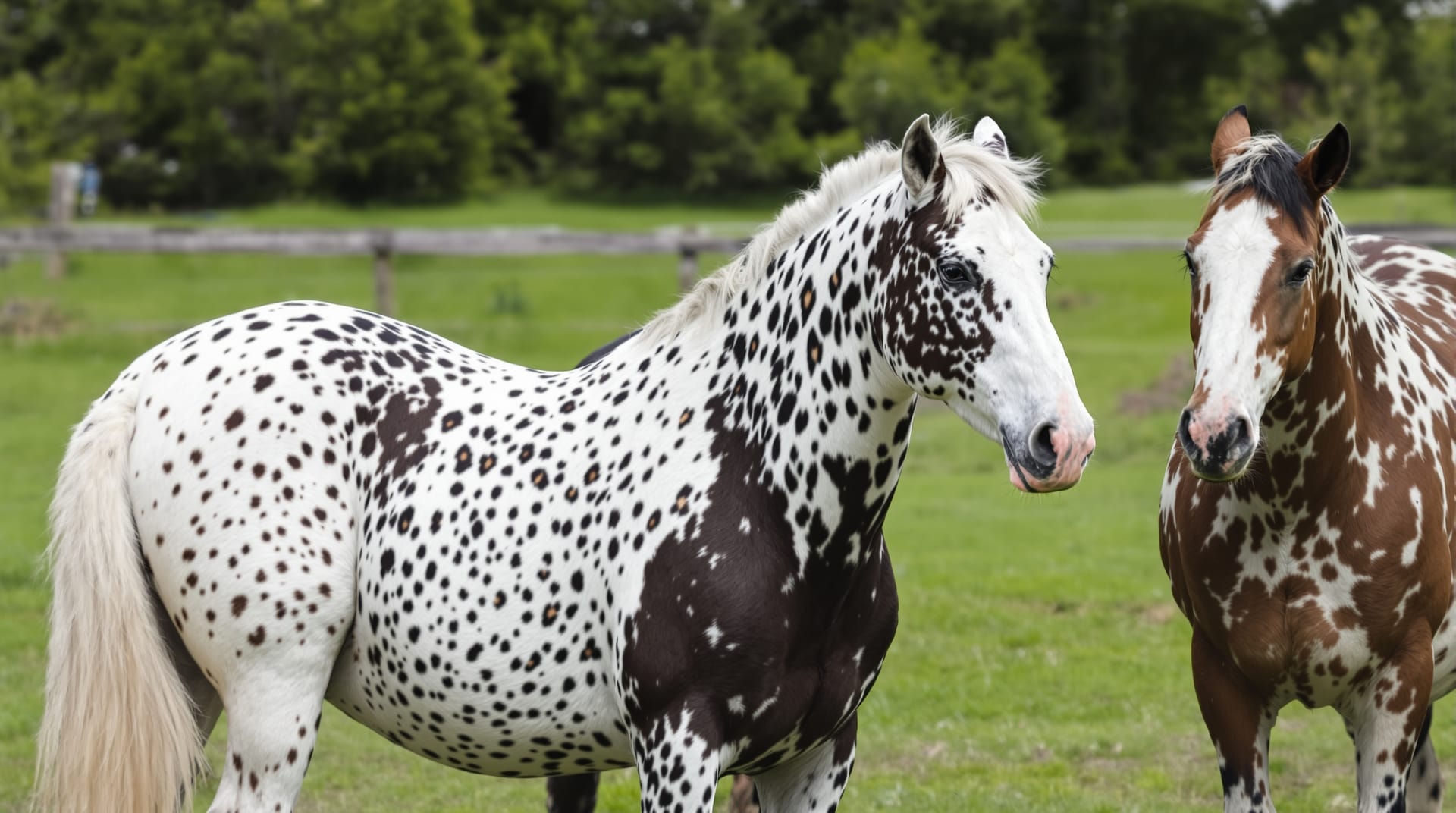 Three Appaloosa horses showing blanket, leopard and varnish roan coat patterns