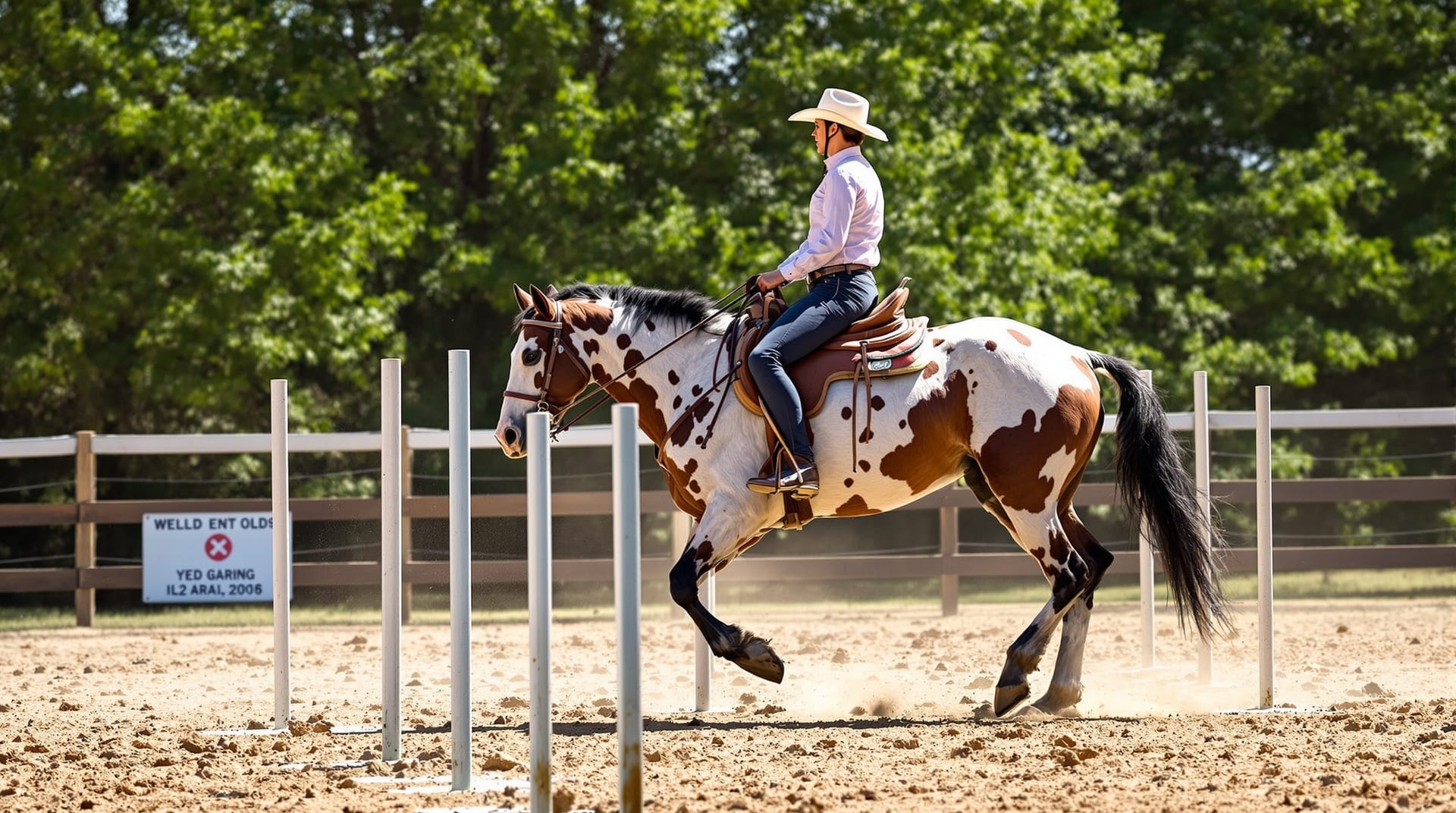 Appaloosa and rider working a trail obstacle in an outdoor arena