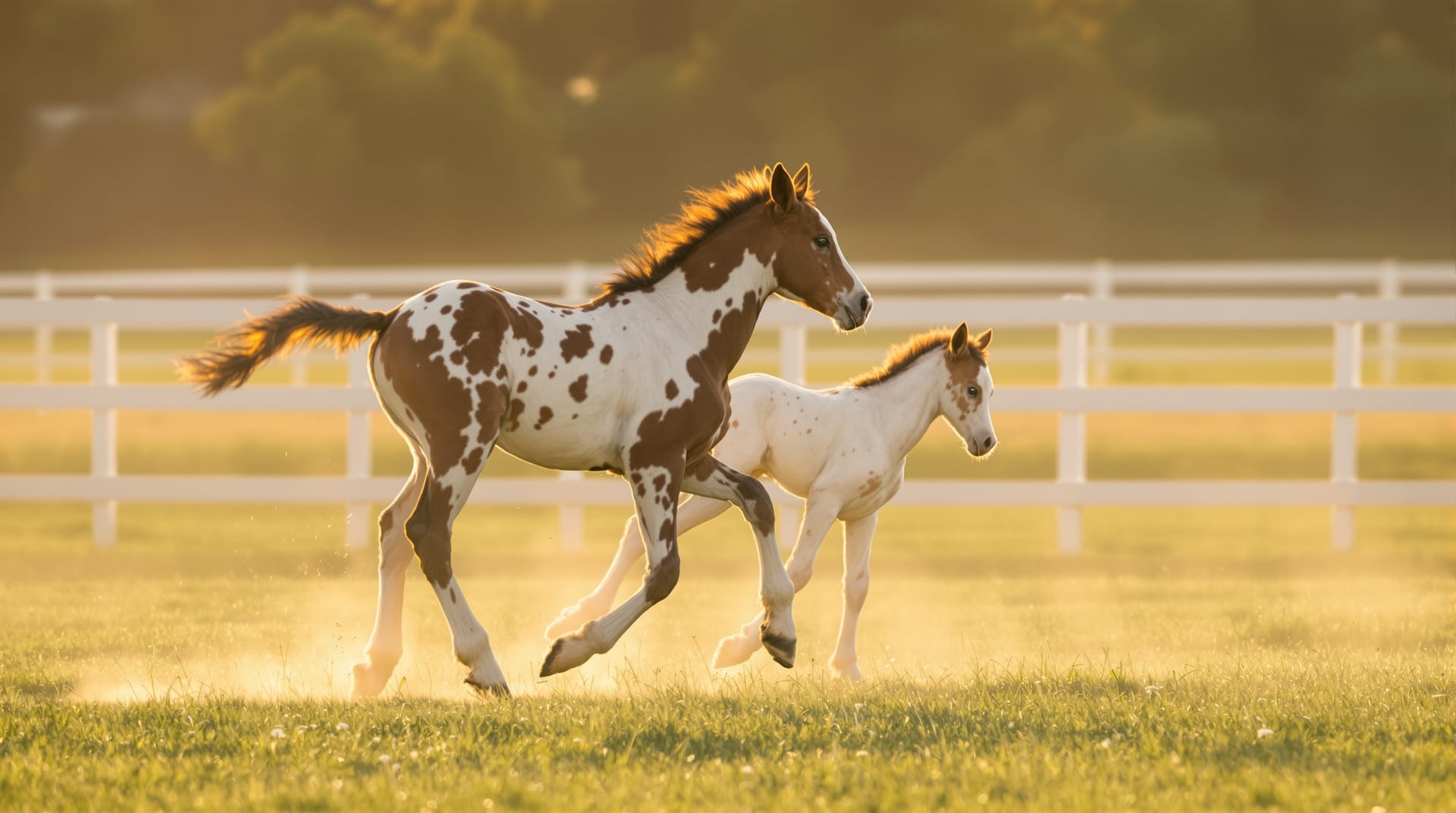 Two Appaloosa weanlings playing in a paddock at dawn