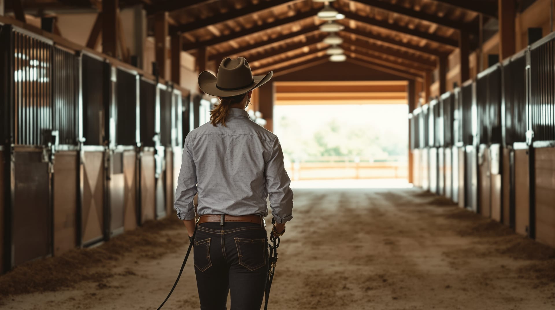 Handler leading an Appaloosa gelding down a barn aisle toward daylight
