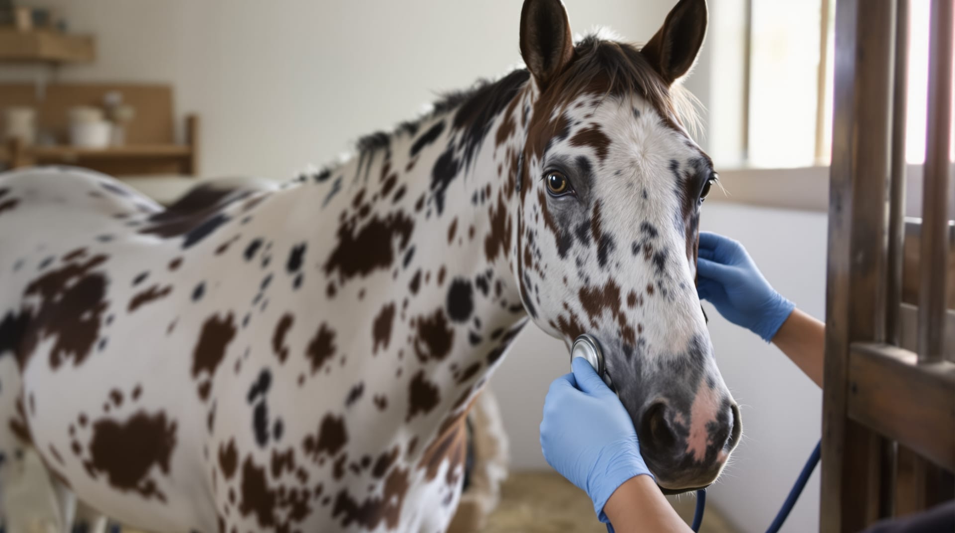 Appaloosa horse being examined in a clean stall