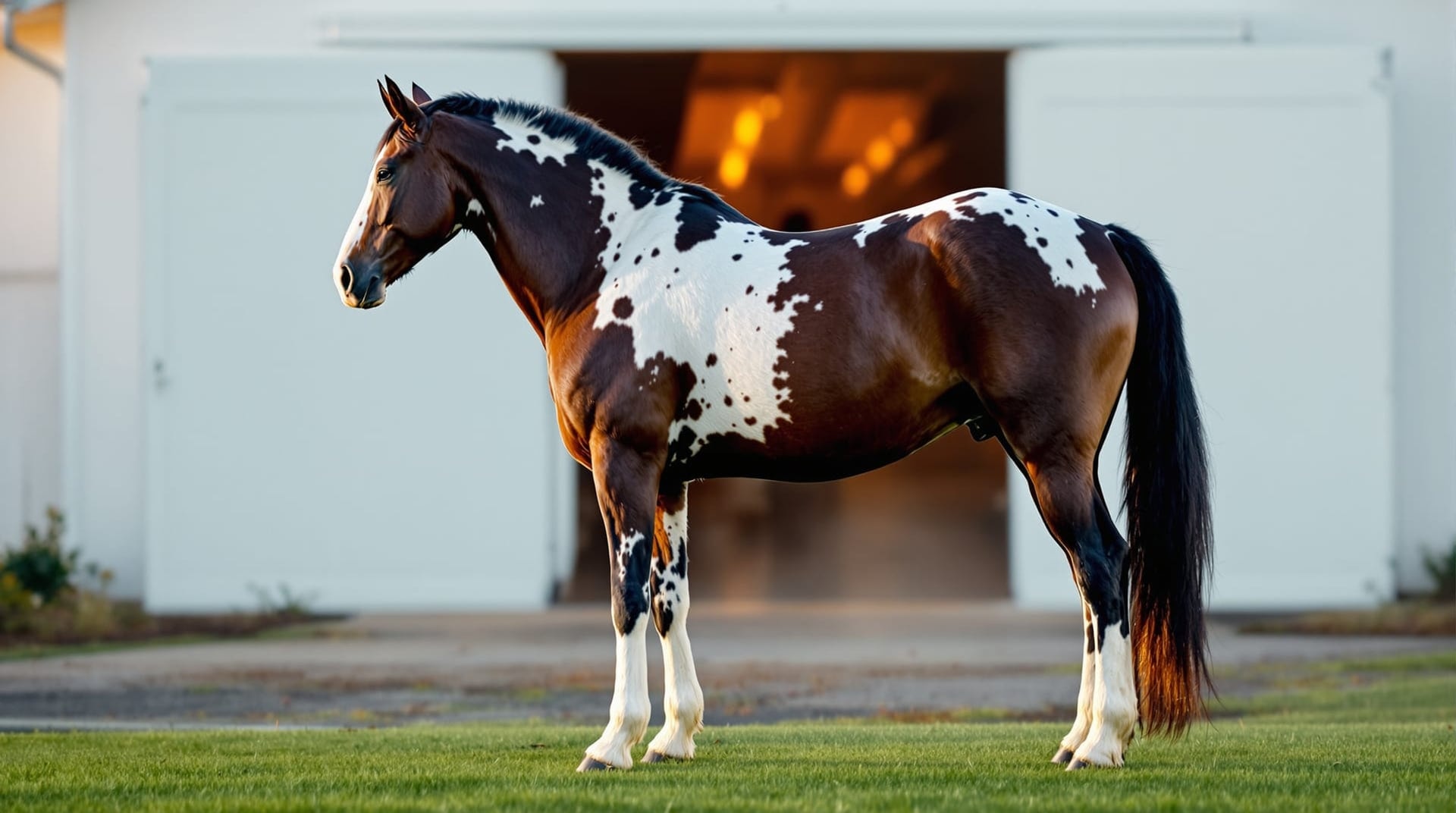 Appaloosa show horse standing squarely outside a show barn in evening light
