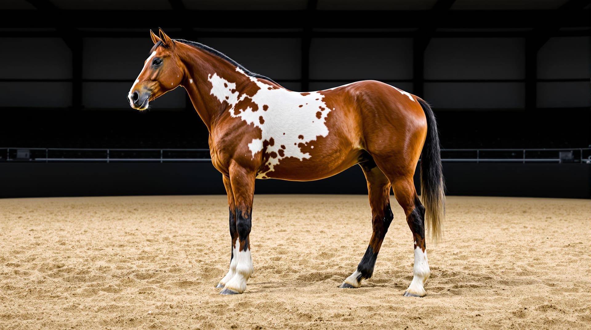 Appaloosa halter horse standing squarely in profile in a show arena