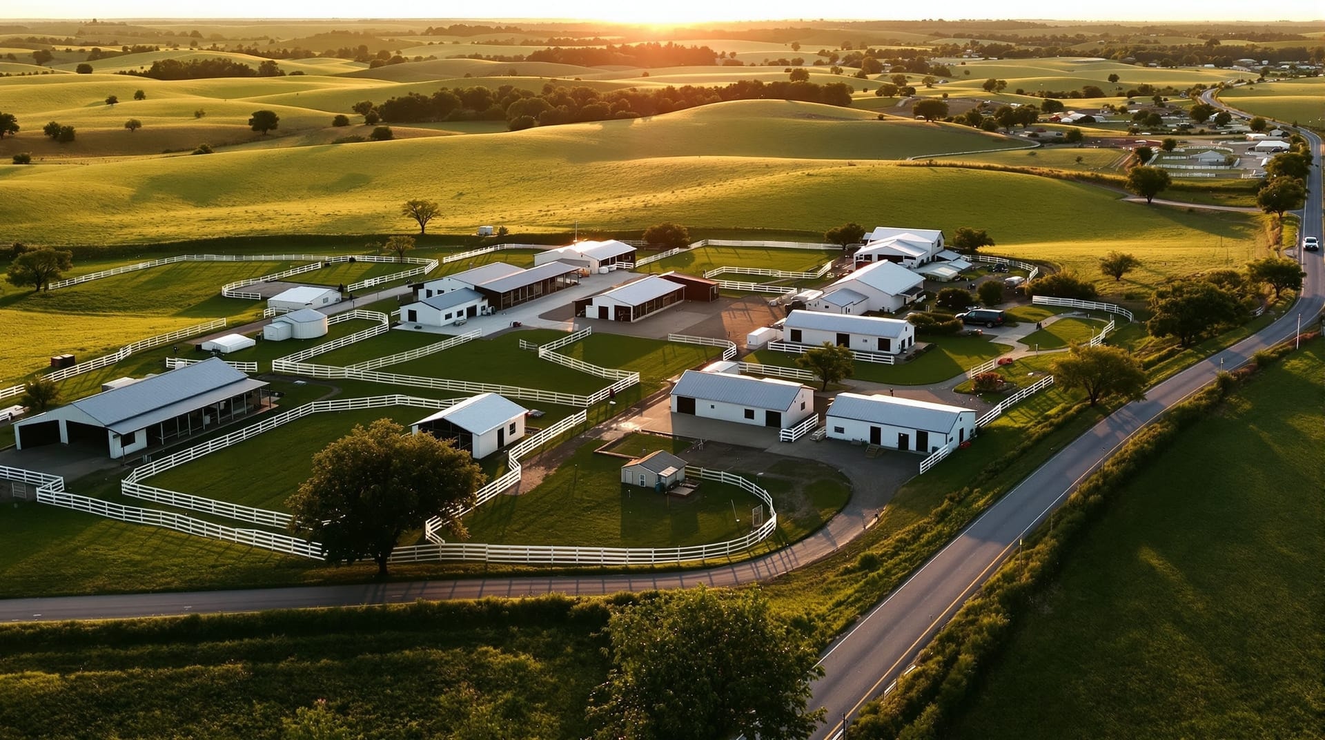 Aerial view of North Texas ranch country with horse barns and fenced paddocks