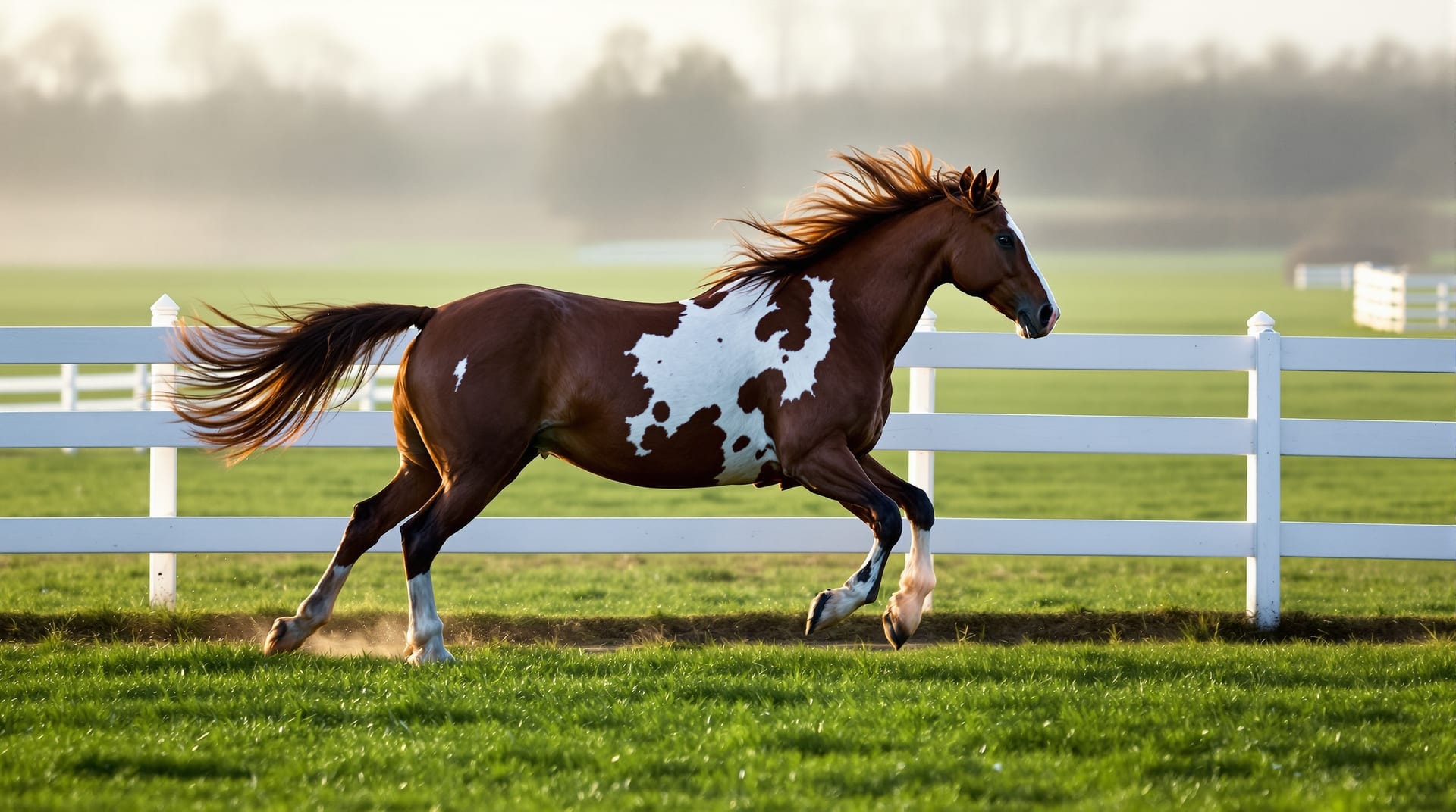 Appaloosa breeding stallion trotting along a fence line in morning light