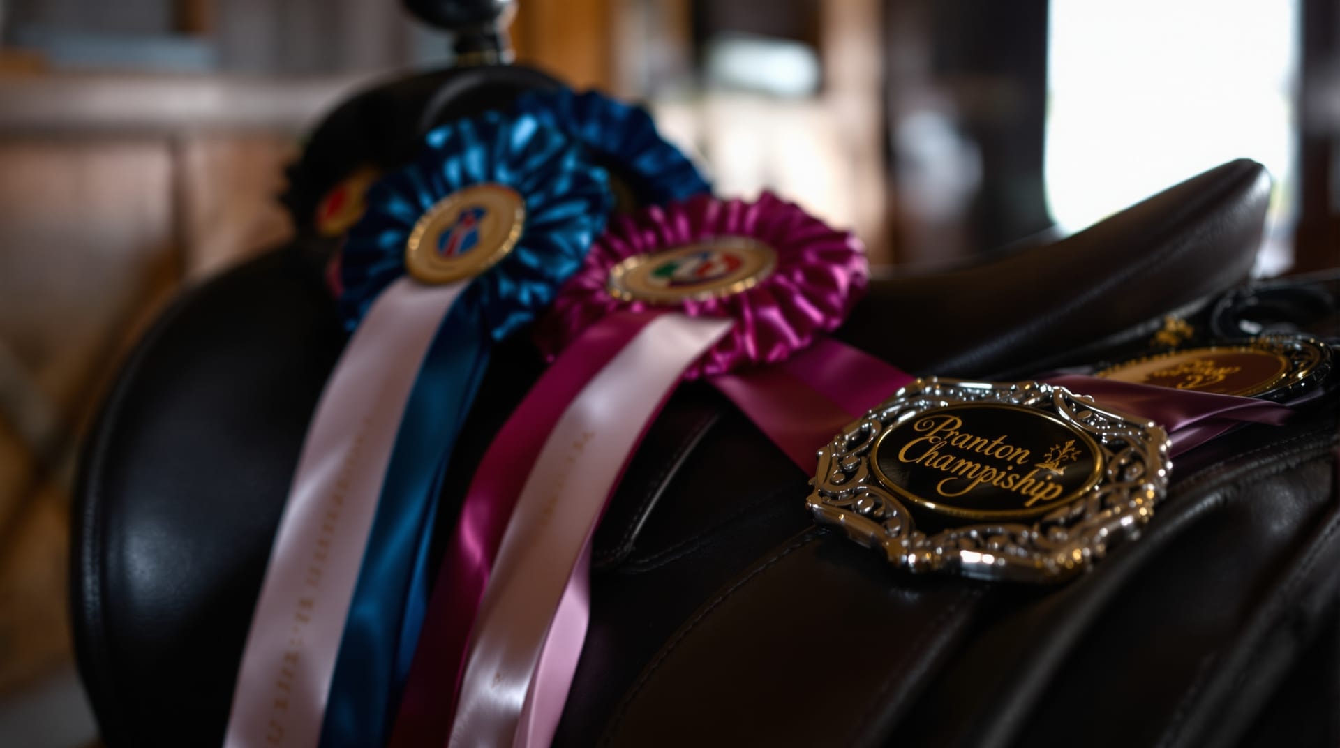 Championship ribbons and a trophy buckle resting on a saddle in a barn aisle