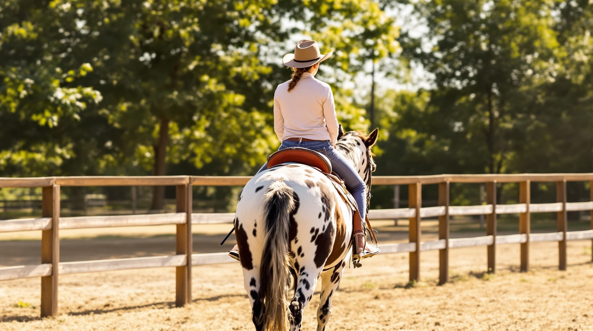 Junior rider working an Appaloosa along the rail of an outdoor arena